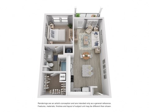 a stylized floor plan with a bedroom and a living room